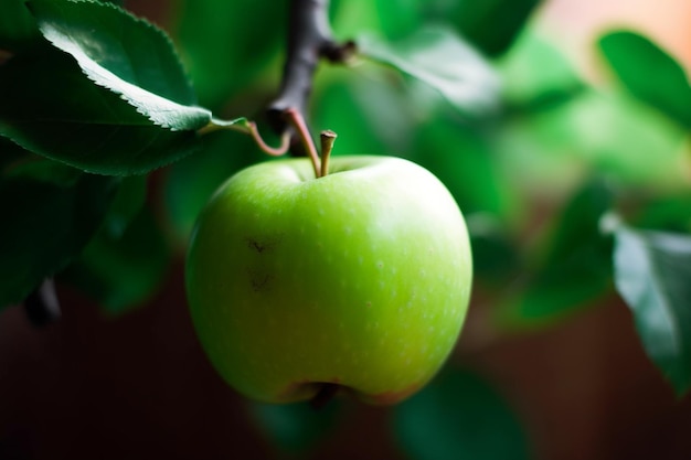 Una mela verde pende da un ramo davanti a uno sfondo scuro.