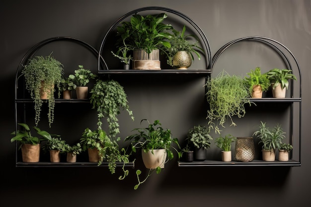 una mensola con piante e una parete nera con sfondo nero.
