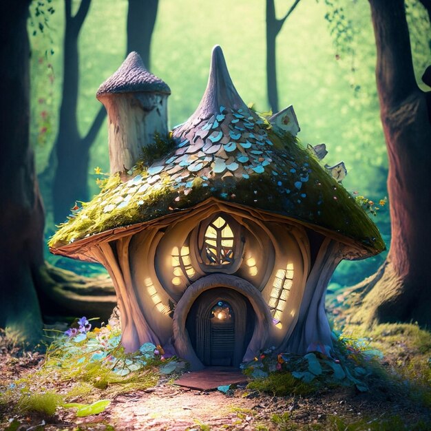 Una meravigliosa casa di favola su una collina in una magica foresta mattutina