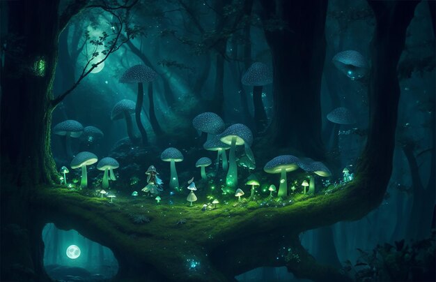 Una meravigliosa foresta di funghi che brilla di notte