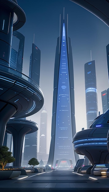 Una metropoli futuristica con scintillanti edifici di vetro e percorsi illuminati
