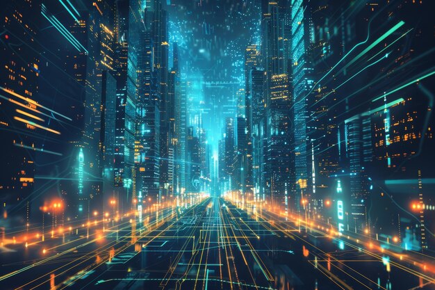 Una metropoli futuristica governata da algoritmi di IA che assicurano una distribuzione ottimale delle risorse e l'armonia sociale