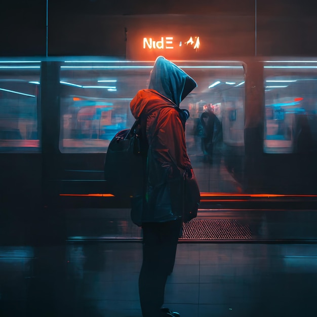 Una metropolitana si muove velocemente e una persona sta aspettando un treno alla stazione con la luce al neon a tutto corpo