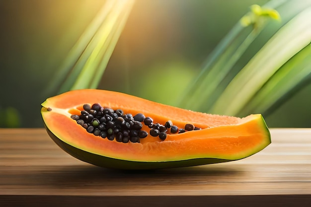 una mezza papaya tagliata a metà si trova su un tavolo di legno.