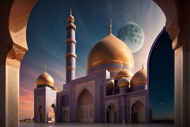 una mezzaluna e una moschea sullo sfondo con le parole Eid Mubarak