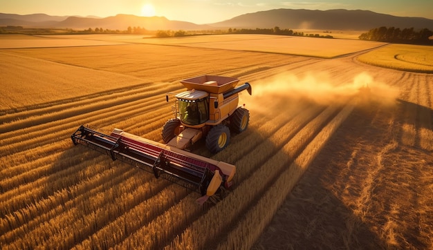 Una mietitrebbia in un campo al tramonto