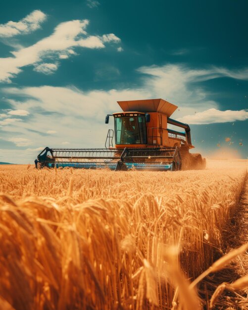 una mietitrebbiatrice in un campo di grano al tramonto