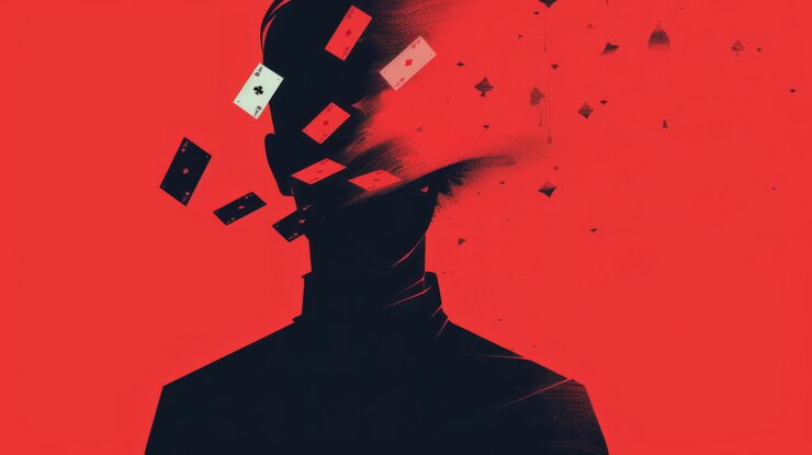 Una minimalista della tensione tra una faccia di poker dei giocatori e le loro carte nascoste