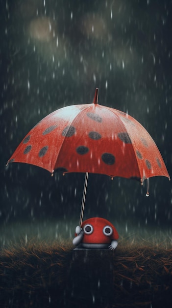 Una minuscola e carina creatura sconosciuta che tiene un ombrello sotto la pioggia Immagine di intelligenza artificiale generativa