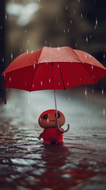 Una minuscola e carina creatura sconosciuta che tiene un ombrello sotto la pioggia Immagine di intelligenza artificiale generativa