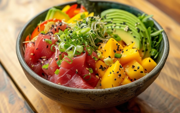 Una miscela armoniosa di sushigrade, tonno, mango maturo e avocado cremoso in una ciotola spruzzata di semi di sesamo