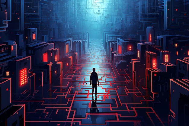 Una missione di spionaggio informatico in un'illustrazione di labirinto digitale