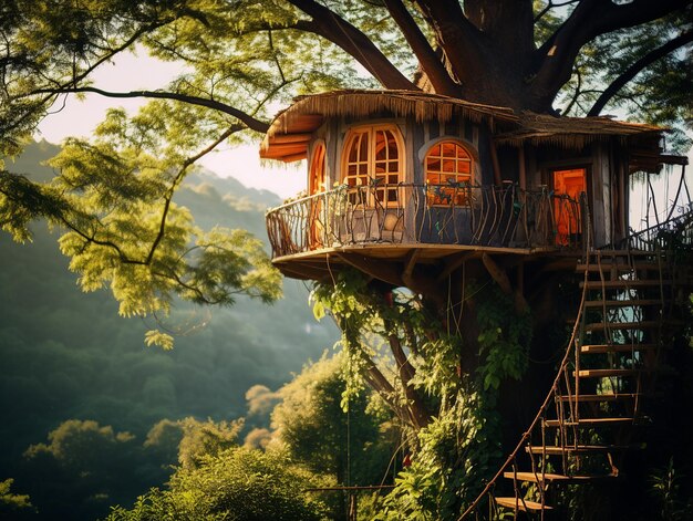 Una misteriosa casa sull'albero costruita su un grande albero della foresta