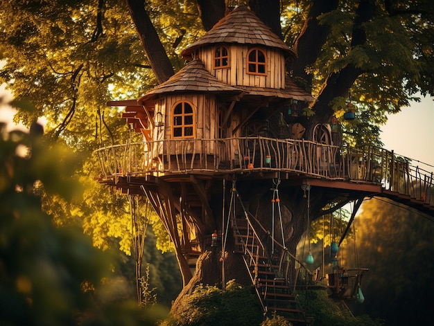 Una misteriosa casa sull'albero costruita su un grande albero della foresta