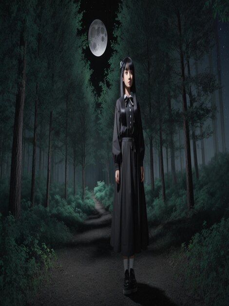 Una misteriosa ragazza animica con lunghi capelli neri scuri in piedi in una foresta al chiaro di luna