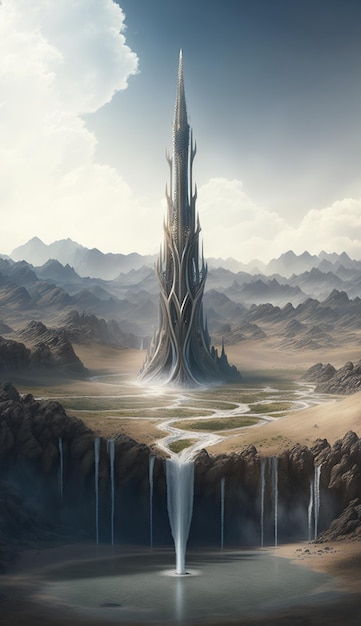 Una misteriosa torre nel centro di una città elfica su una pianura in Waterfalls Fantasy