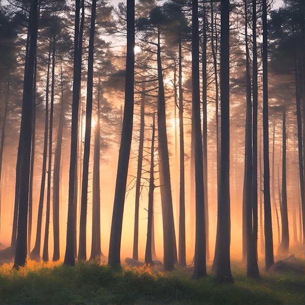 una mistica foresta nebbiosa al tramonto nella stagione primaverile creata con la tecnologia generativa ai
