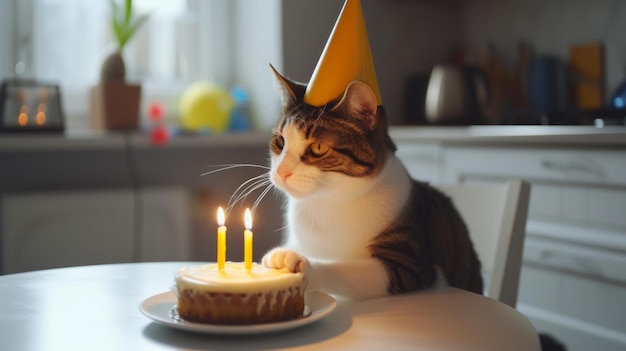 Una moda felina esilarante Un gatto con il cappello giallo ipnotizzato da una candela in una bizzarra torta di gatto in scatola