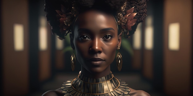 Una modella africana in abbigliamento nazionale africano si trova davanti a un punto di riferimento africano che trasuda bellezza e sicurezza Generato dall'IA
