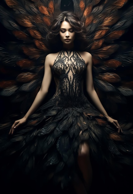 Una modella angelica attraente con un vestito elegante e le ali in congedo.