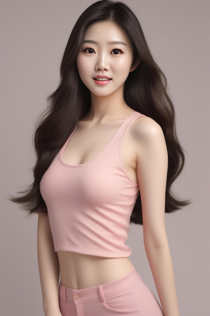 una modella asiatica con i capelli lunghi che indossa una canottiera