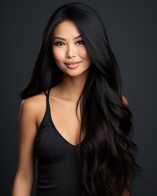 Una modella asiatica di bell'aspetto sorride con gioia.