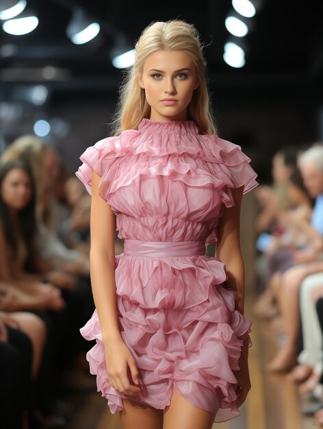 Una modella cammina sulla passerella con un vestito di plastica.