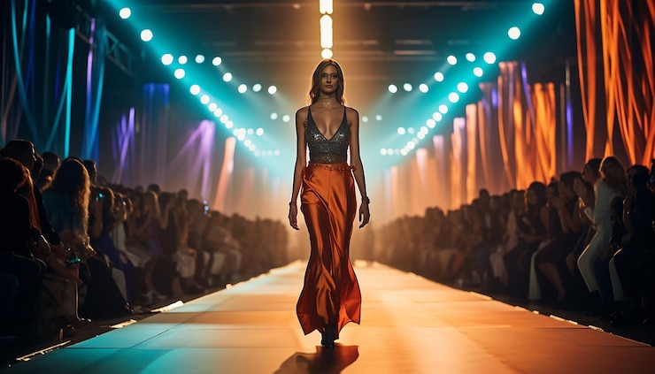 Foto una modella che cammina lungo la pista di fotografia di moda