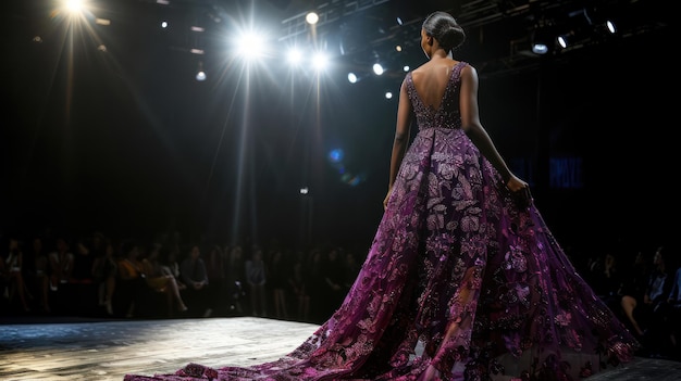 Una modella che cammina sulla pista in un abito da sera glamour