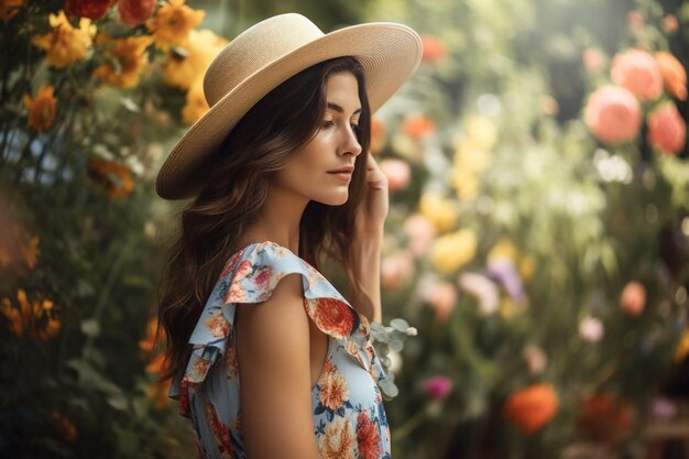 Una modella che durante l'estate indossa un abito floreale e un cappellino da sole oversize creato con l'IA generativa