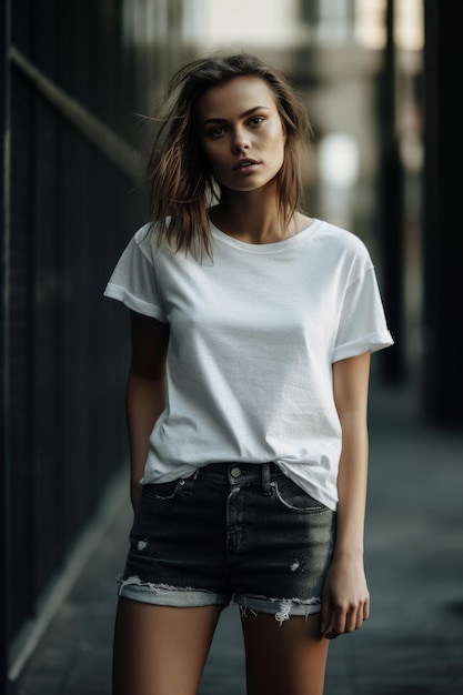 Una modella che indossa una maglietta bianca e jeans neri si trova in un vicolo buio.