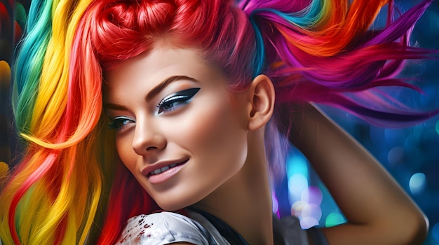 Una modella con capelli color arcobaleno luminosi in una coda di cavallo festiva che celebra la diversità e la gioia