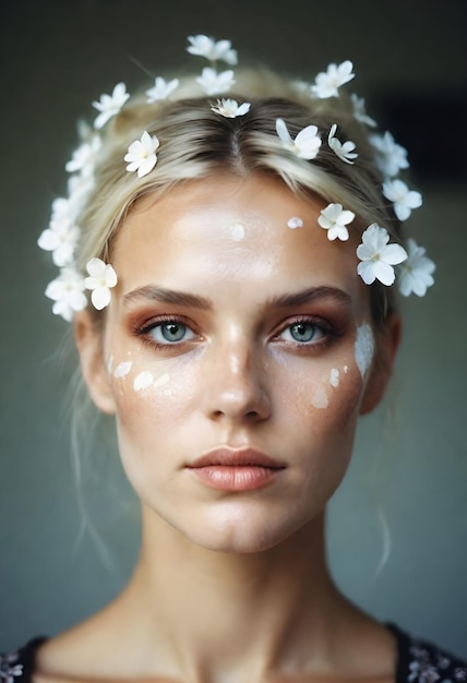 una modella con dei fiori nei capelli