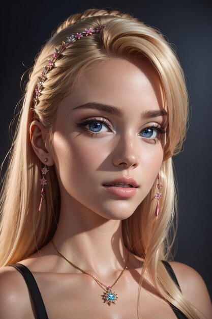 una modella con gli occhi azzurri e un nastro rosa tra i capelli.
