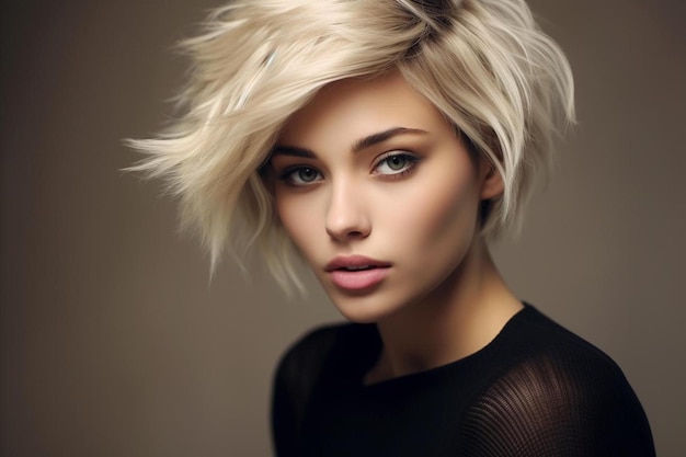 una modella con i capelli biondi e un top nero con una lunga frangia.