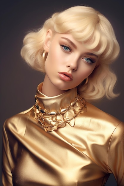 Una modella con i capelli biondi e un vestito dorato.