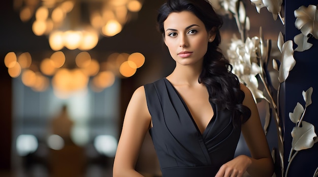 Una modella con i capelli di cioccolato scuro in uno stile elegante in una hall di un hotel di lusso