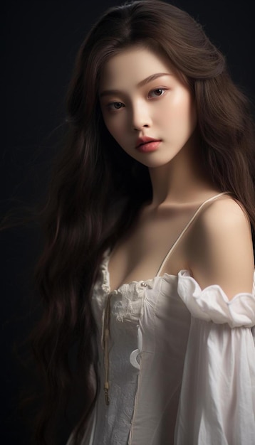 una modella con i capelli lunghi che indossa un vestito bianco con un ruffle bianco sul collo
