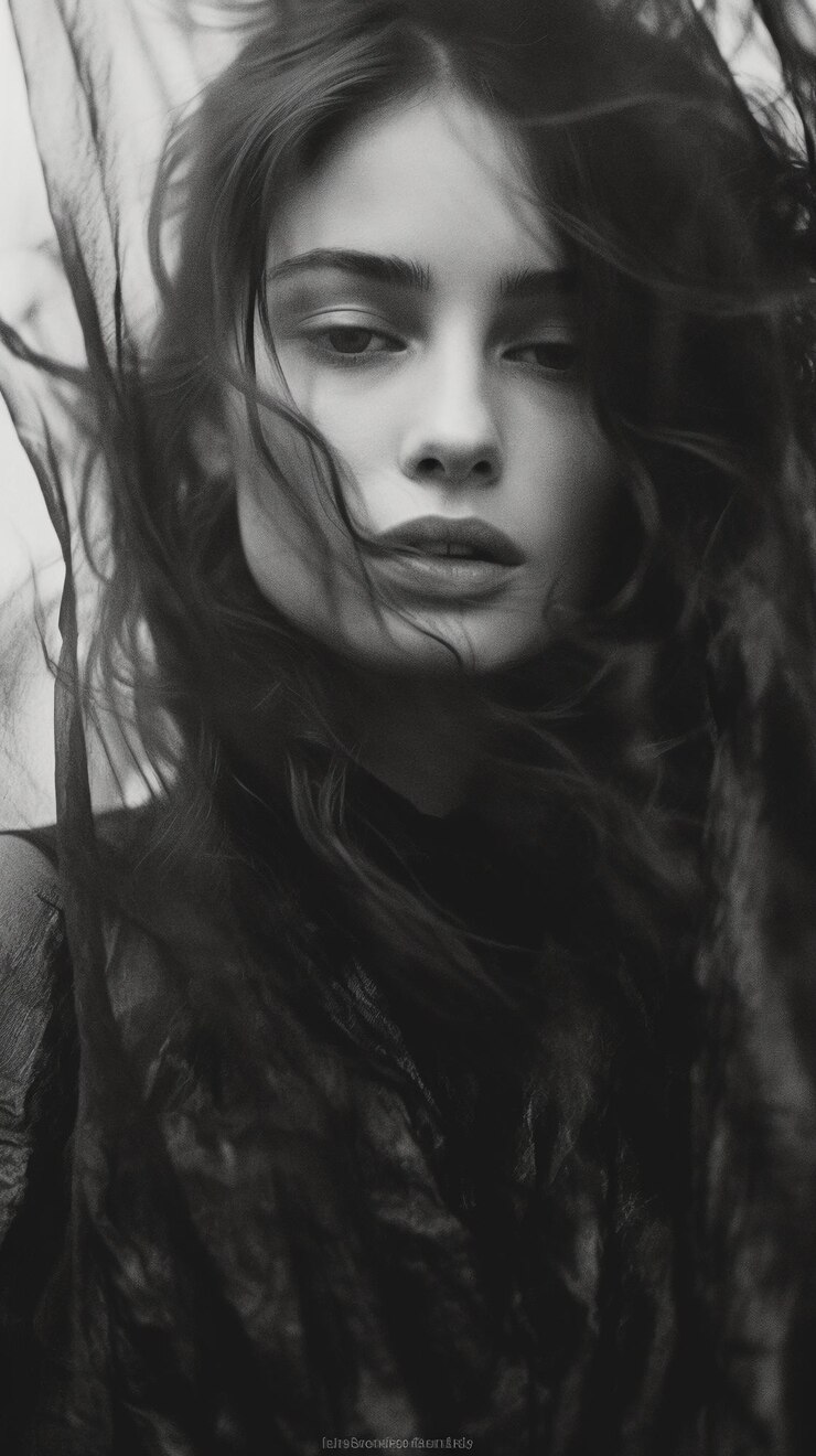 Una modella con i capelli lunghi e un vestito nero posa per un ritratto.