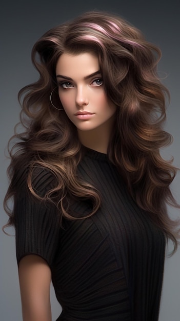 Una modella con i capelli lunghi e un vestito nero.