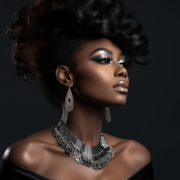 Una modella con i capelli neri e una collana d'argento.