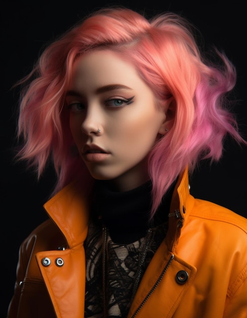 Una modella con i capelli rosa e una giacca di pelle