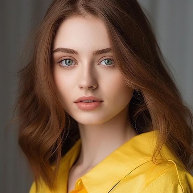 una modella con i capelli rossi e una camicia gialla sta posando per una foto.