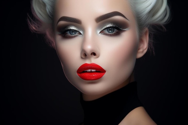 una modella con le labbra rosse e un vestito nero sulla faccia.