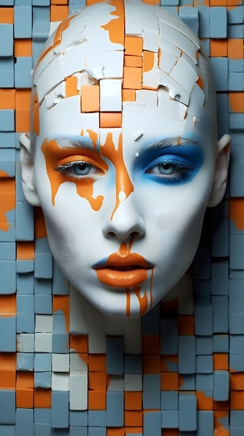 Una modella con trucco blu e arancione e una faccia blu.