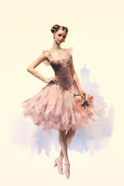 una modella con un abito rosa con fiori sul fondo