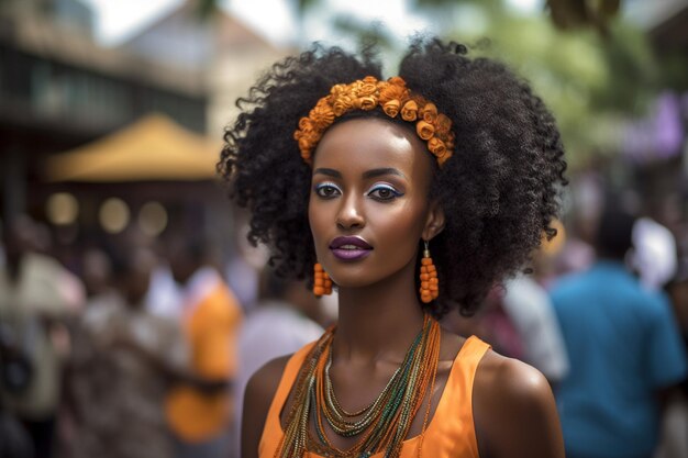 Una modella con un afro e una collana colorata è in piedi davanti a una folla di persone.