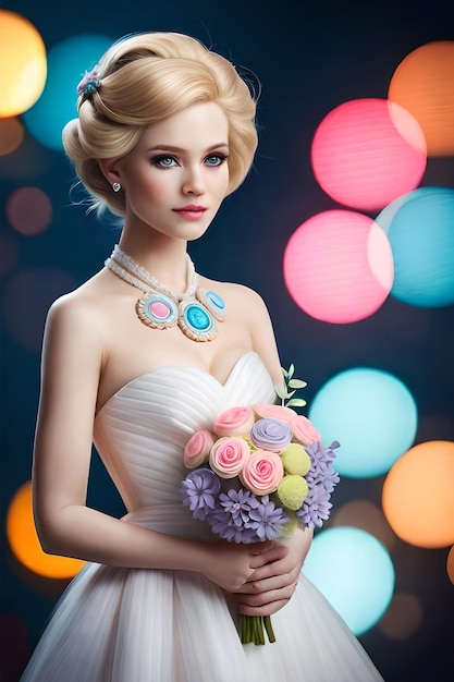 Una modella con un bouquet da sposa in mano