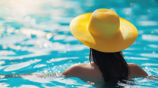 Una modella con un cappello giallo che si diverte nella piscina dell'hotel in un divertente giorno d'estate