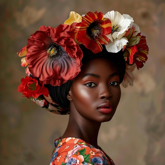 una modella con un fiore sulla testa indossa una corona di fiori